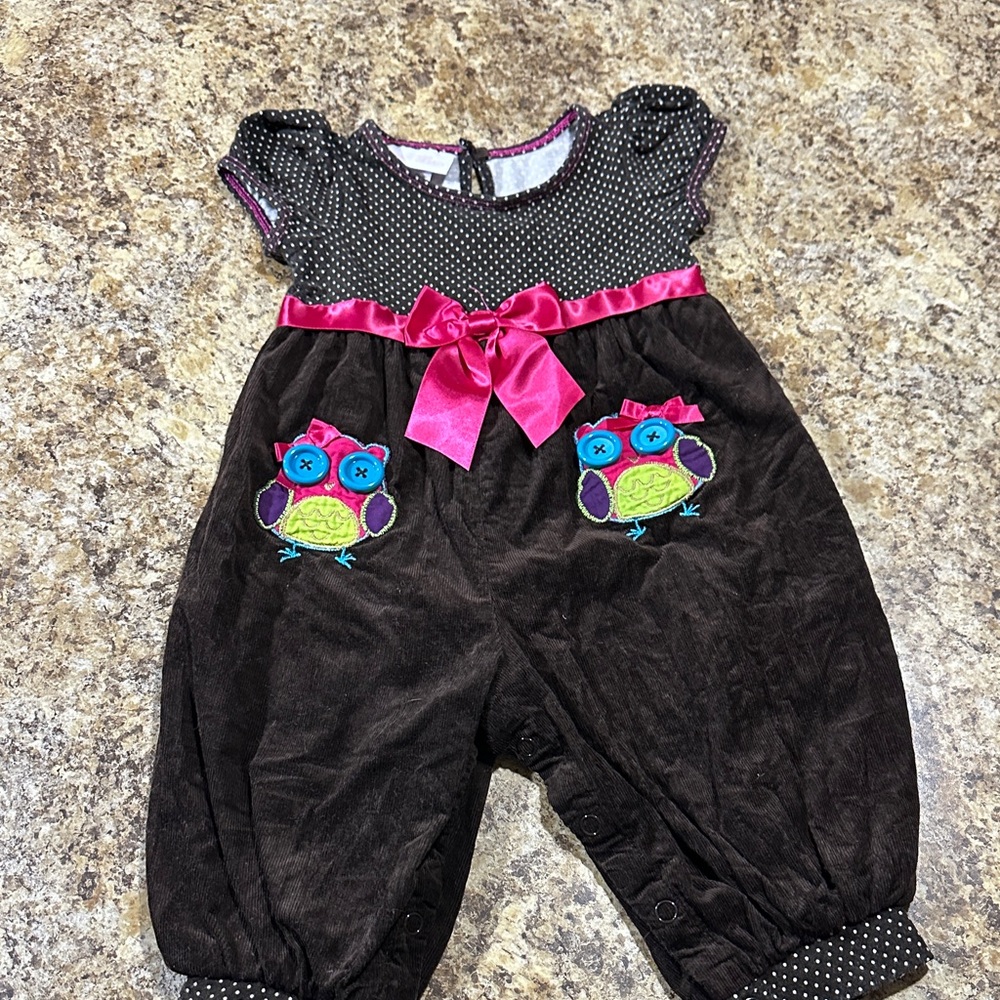 Bonnie Baby Brown Polka-Dot Romper with Pink Trim